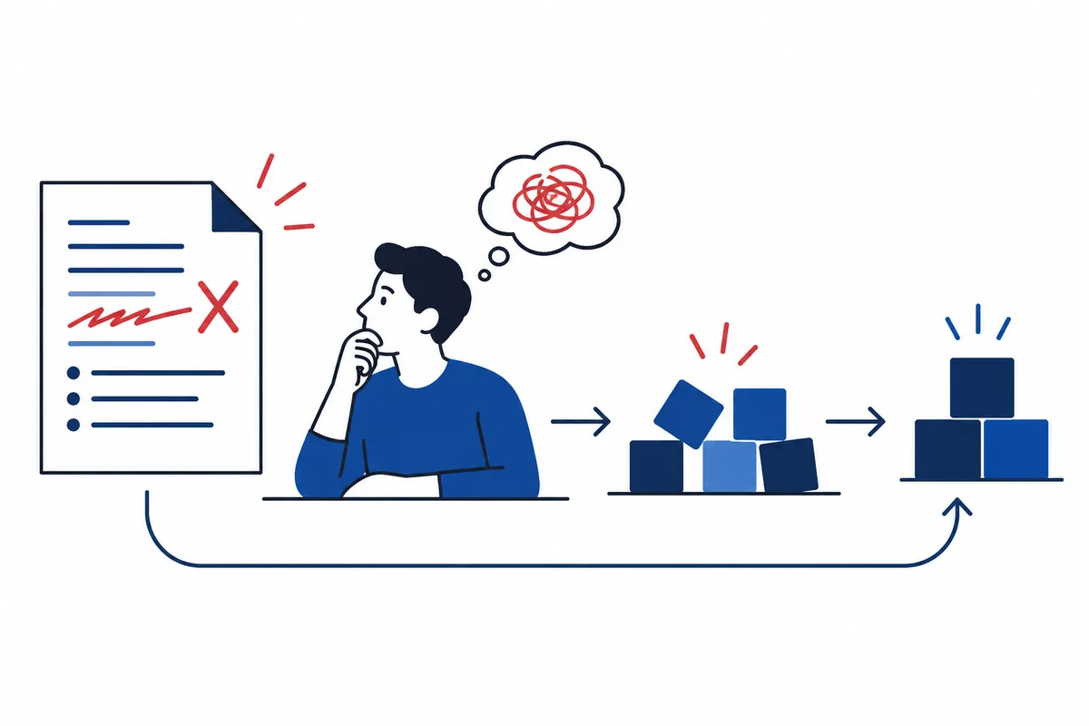 A person considers a marked-up document beside a tangled thought bubble, followed by an arrangement of scattered blocks that becomes neatly stacked.
