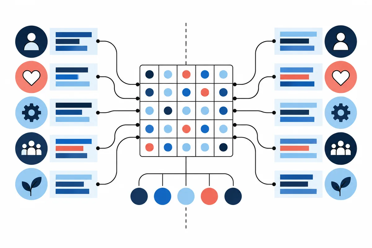 A central five-by-five grid of colored dots is connected by curved lines to matching rows of person, heart, gear, group, and leaf icons beside stacked colored bars on both sides. A dashed vertical line divides the grid, with five colored circles connected below it.