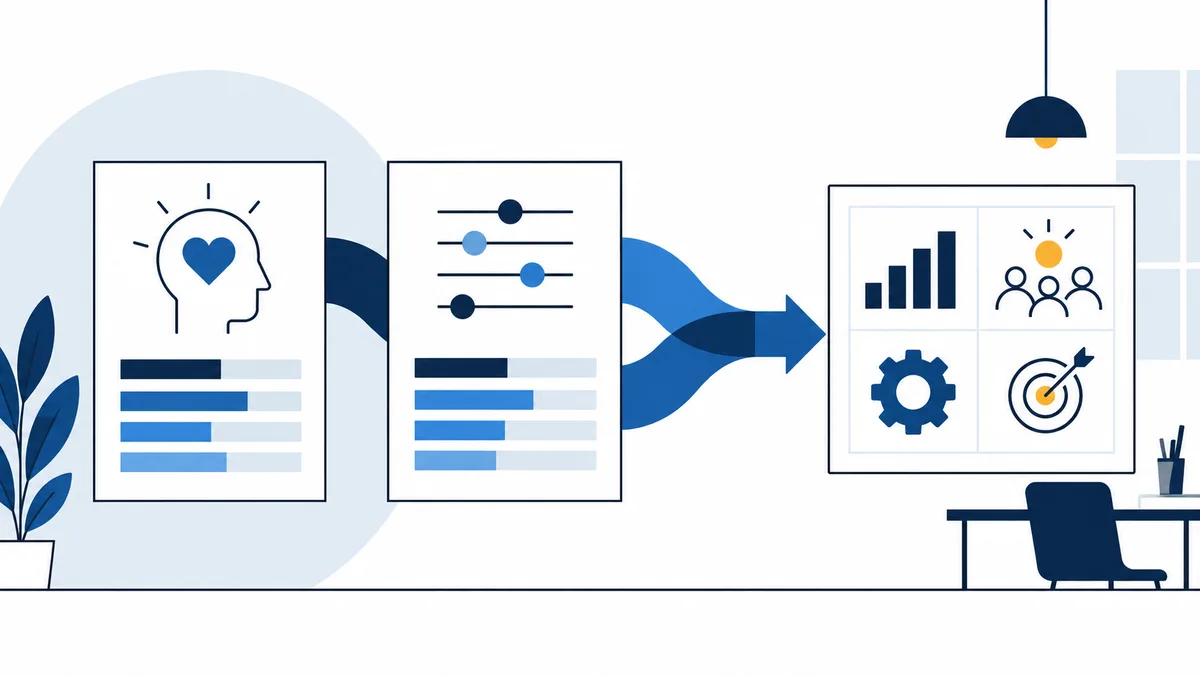 Three outlined report panels connected by a blue arrow: a head outline with a heart, slider bars, and a grid of bar charts, people, a gear, and a target.