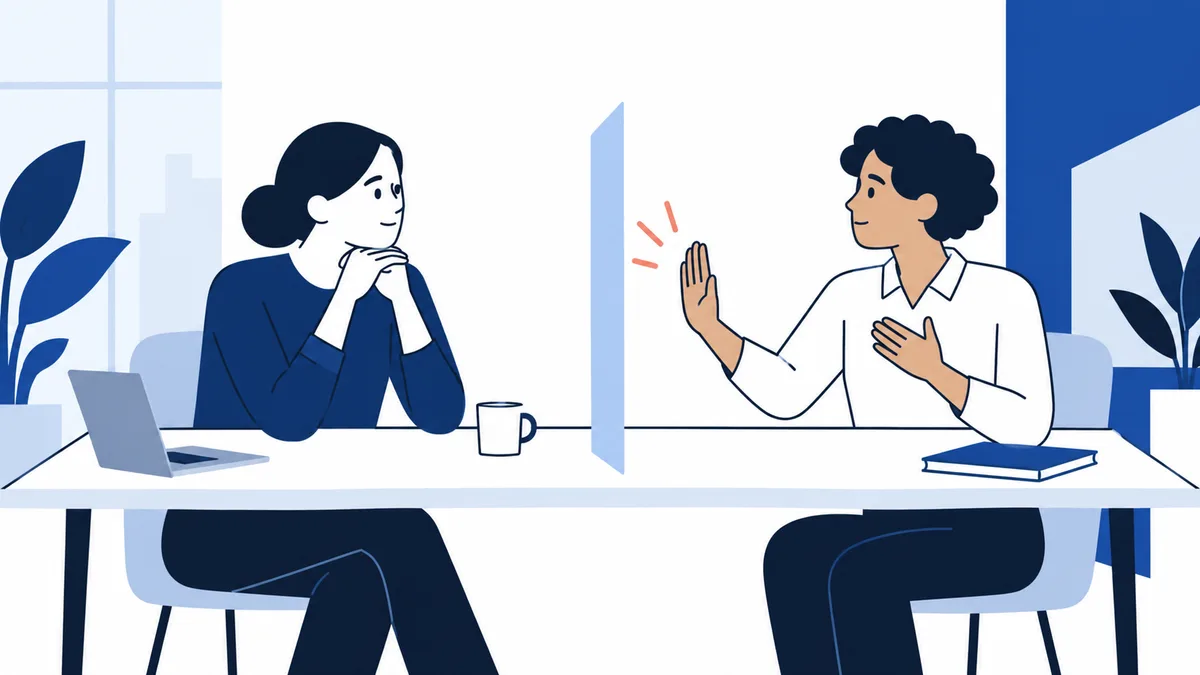 Two people sit across a desk divided by a screen; one listens with hands clasped while the other raises a hand. A laptop, mug, book, and plants are nearby.