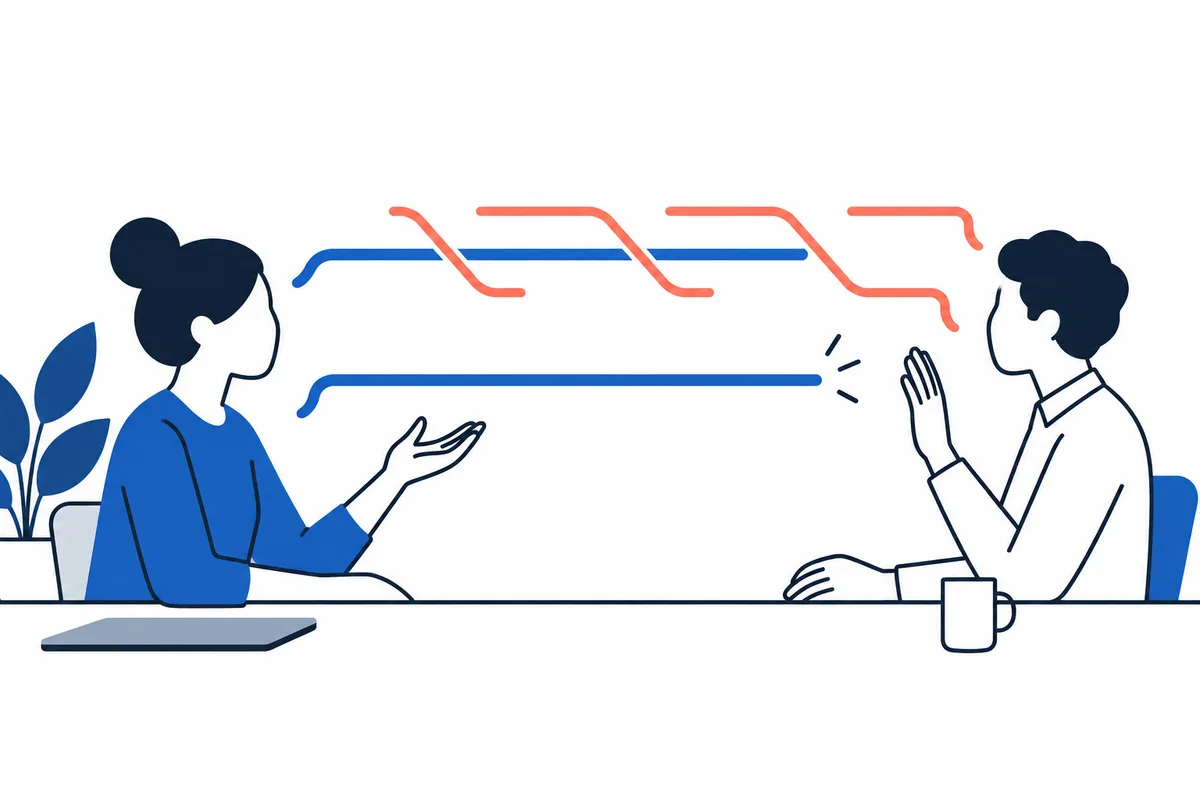 Two people sit across a table, one gesturing while the other raises a hand; blue and coral lines run between them.