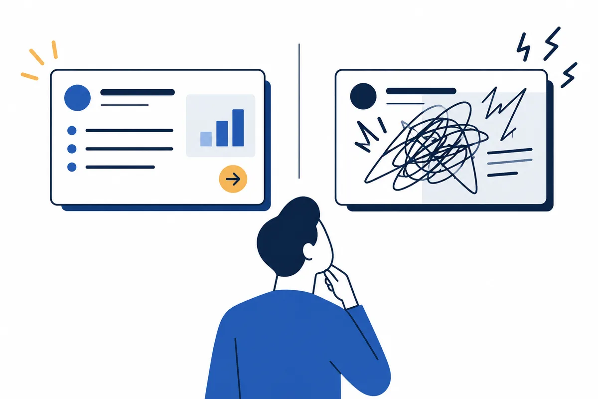 A person compares a neat report with a page covered in tangled scribbles and sharp marks.