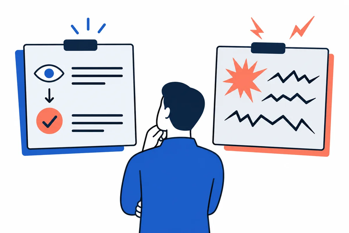 A person faces two panels: one with an eye and checked mark, the other with jagged lines and coral bursts.