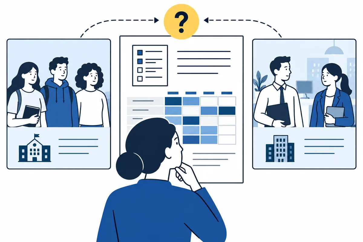 A person studies a checklist and grid while comparing illustrated groups in a school and an office, with a question mark above.
