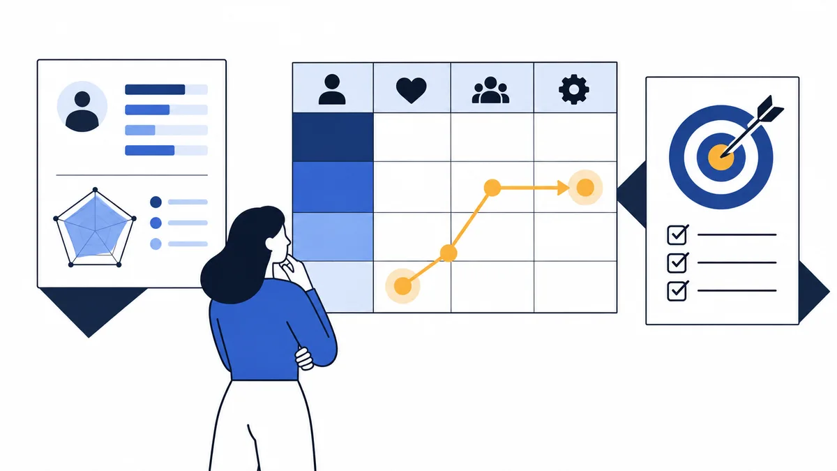 Person viewing a profile panel and a grid with an upward orange line leading toward a target and checklist.