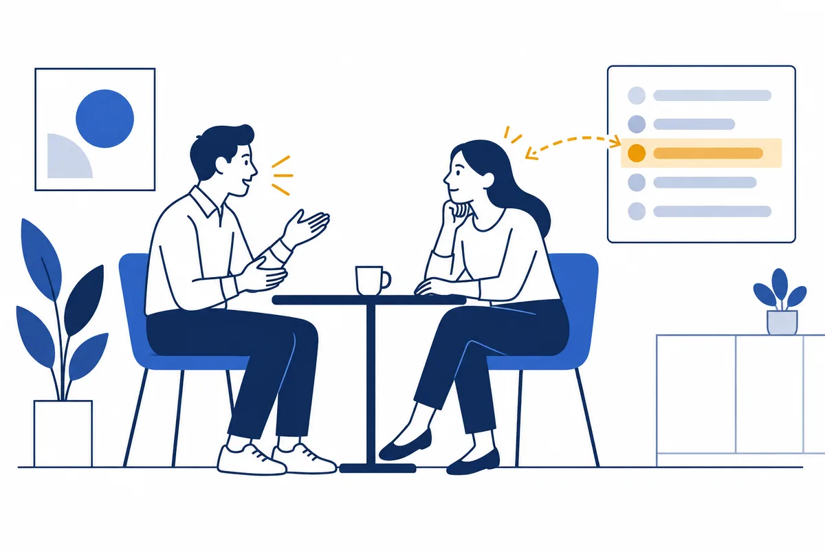 Two people sit facing each other across a desk; a dashed arrow points from them to one highlighted row in a simple list panel.