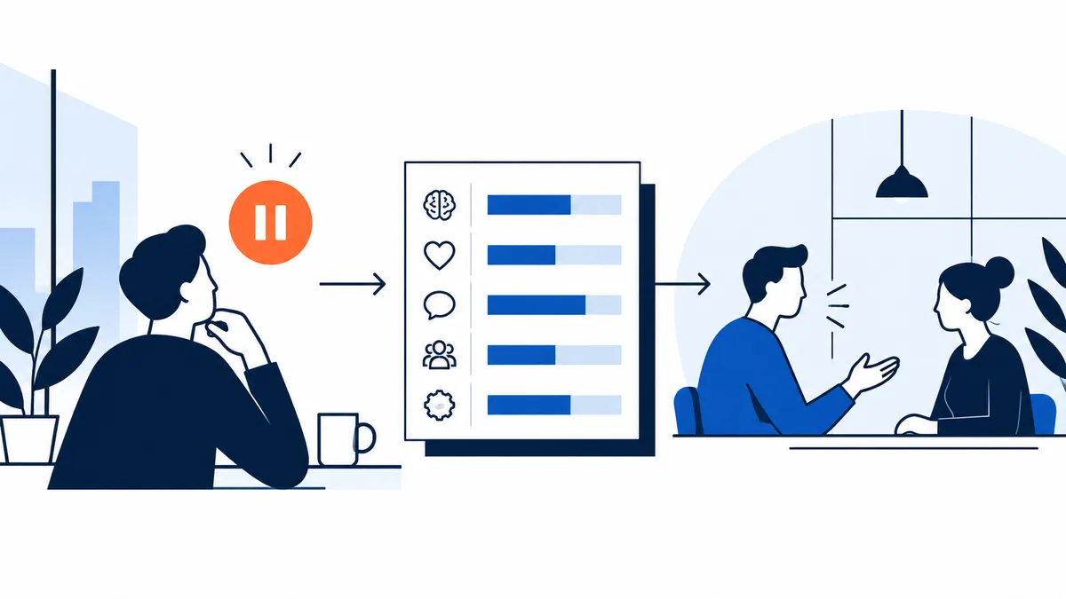 Flat illustration of a seated person beside an orange pause symbol, a central report panel with icons and blue bars, and two people facing each other across a table. Arrows connect the person, report, and conversation scene.
