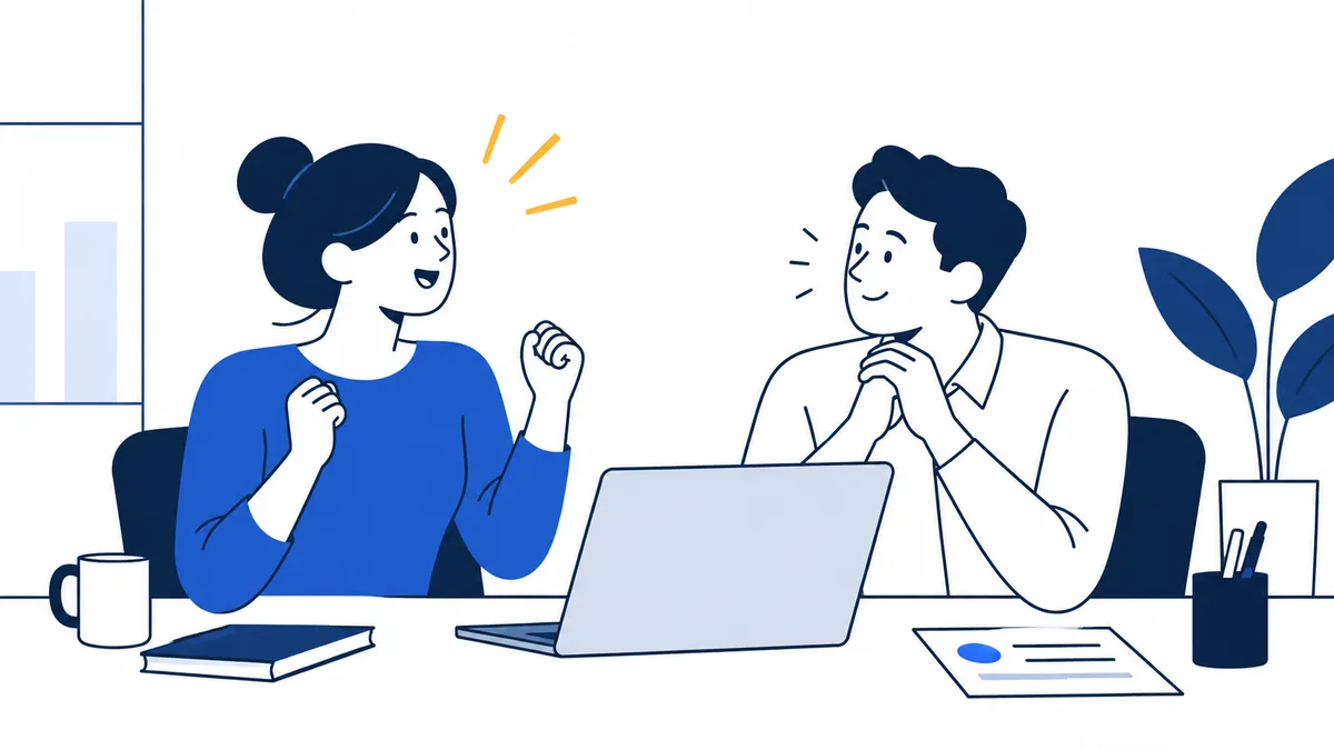 Two coworkers sit at a table with laptops; one gestures while the other listens, with a plant and papers nearby.