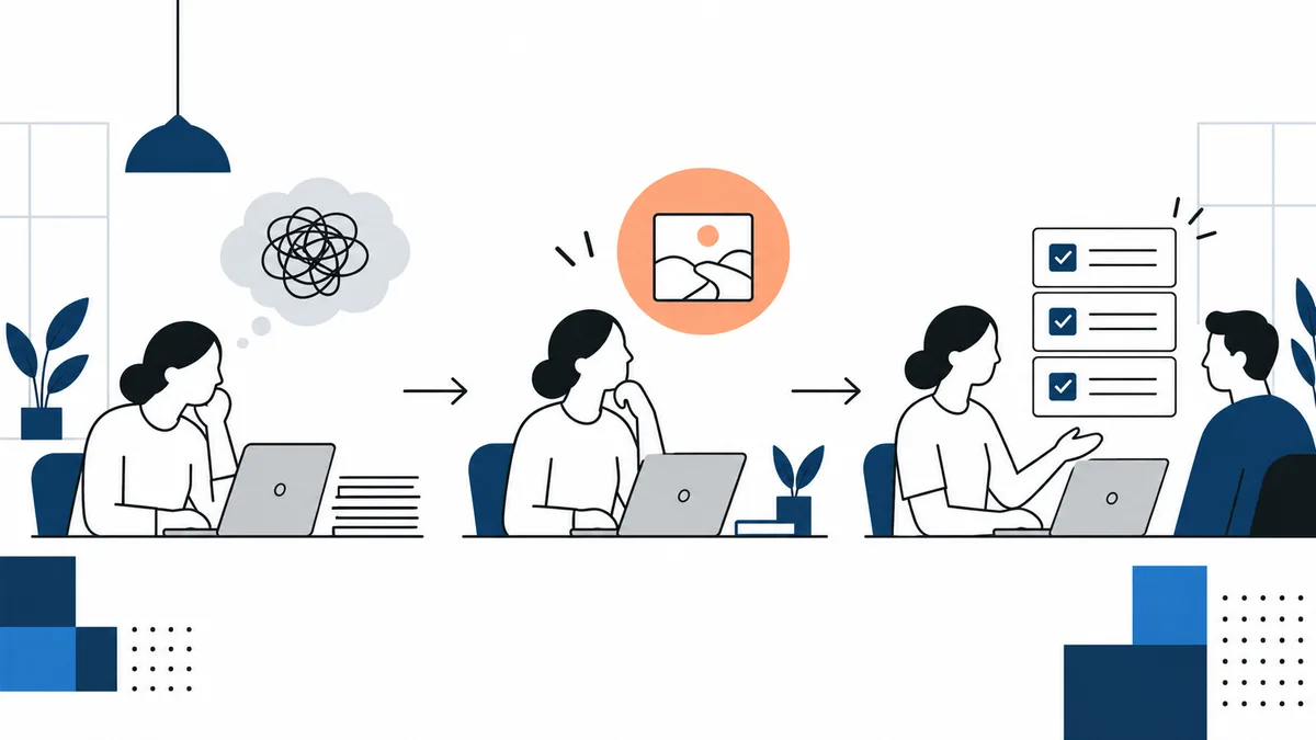 Three office scenes show a seated person beside a laptop, first with a tangled thought cloud, then a clear picture icon, and finally gesturing toward a colleague and three checked boxes.