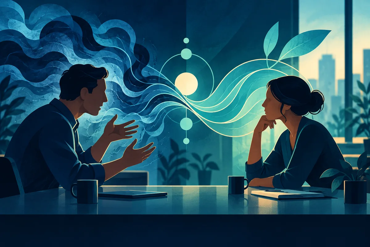 Two people sit across a table in an office, one gesturing while the other listens, with flowing teal lines and circular shapes between them.