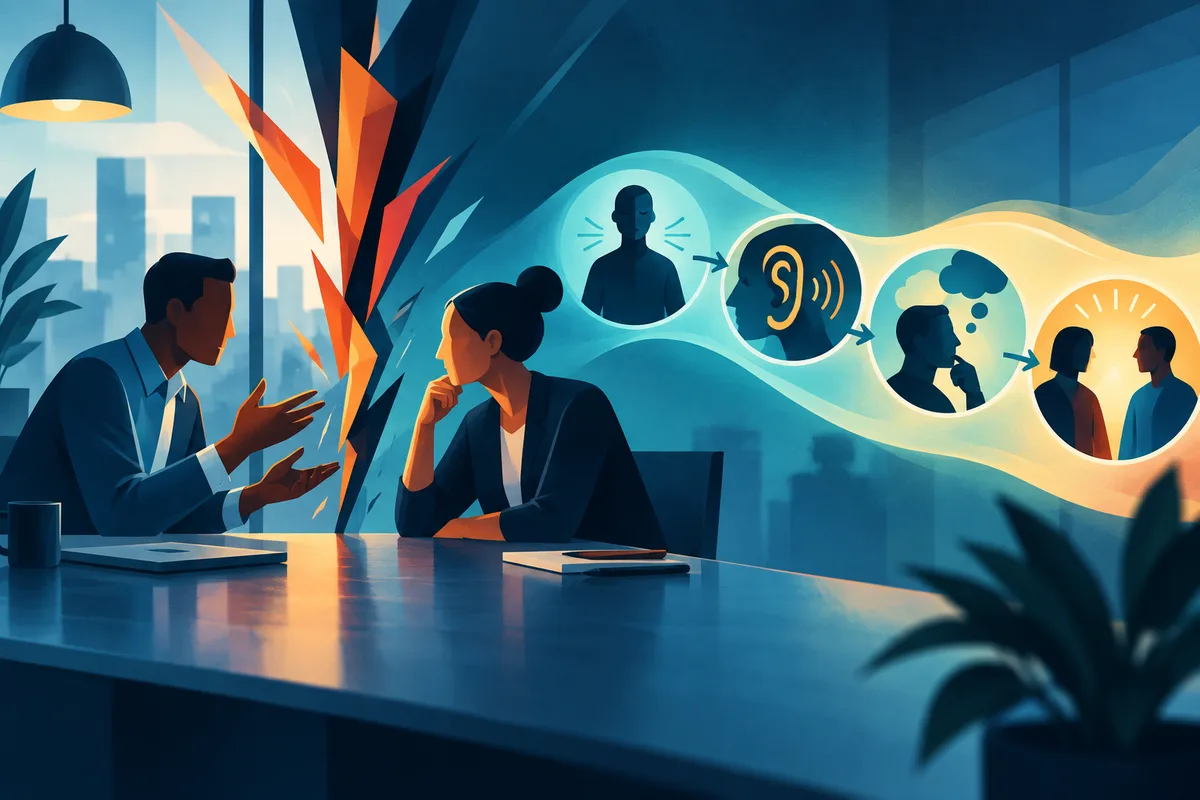 Two people sit at an office table beside a flowing illustrated sequence of speaking, listening, thinking, and conversation symbols.