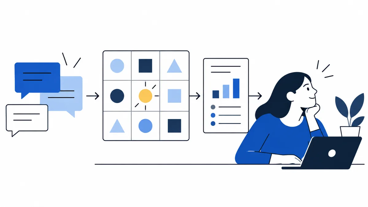 Blue and white speech bubbles lead through a grid of circles, squares, and triangles to a simple bar-and-list panel and a person using a laptop beside a potted plant.