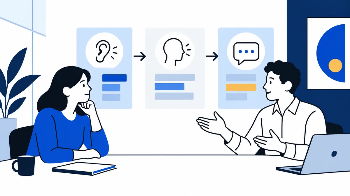 Two people sit at a table while three connected panels show an ear, a head in profile, and a speech bubble with dots; a laptop, notebook, cup, and plants are also visible.
