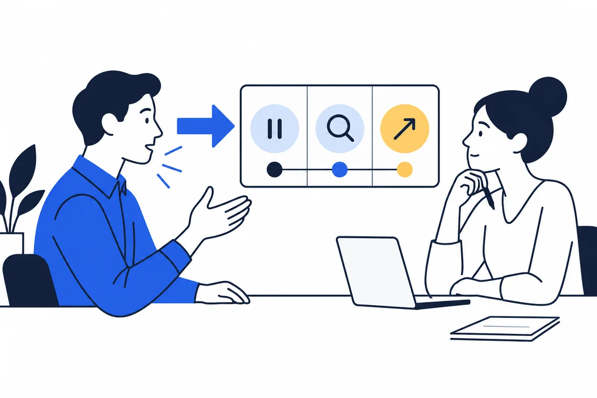One person gestures toward another person seated with a laptop, while a blue arrow points to a panel containing pause, magnifying-glass, and upward-arrow symbols.