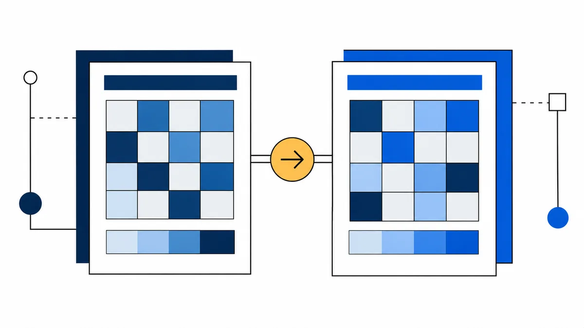 Two overlapping report cards show blue checkerboard grids and color scales, with an arrow pointing from the left card to the right.