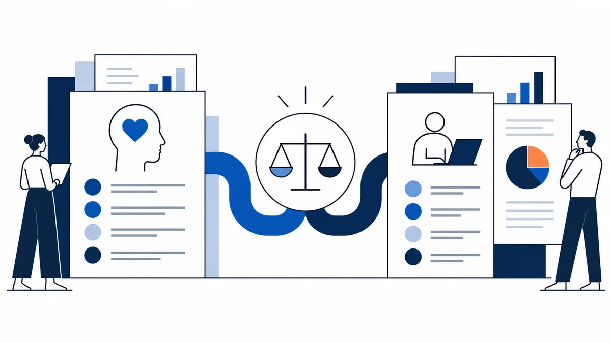 Flat illustration of two people beside report-like panels, with a heart inside a profile outline, a central balance scale, a laptop-user icon, a pie chart, and connected blue shapes.