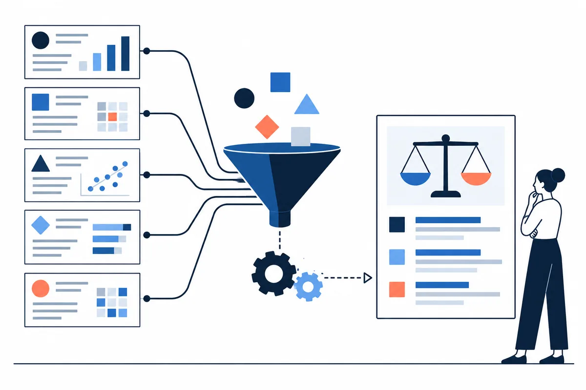 Flat illustration of five report cards feeding into a funnel above two gears, with a balance-scale report and a person standing beside it.