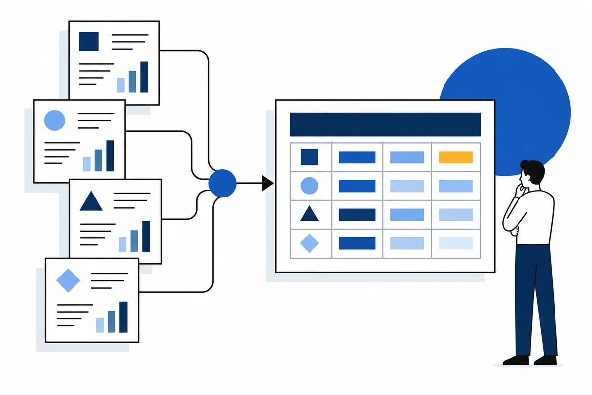 Flat illustration of four report cards connected to a central node and arrow leading to a large comparison grid, with a person standing beside it.