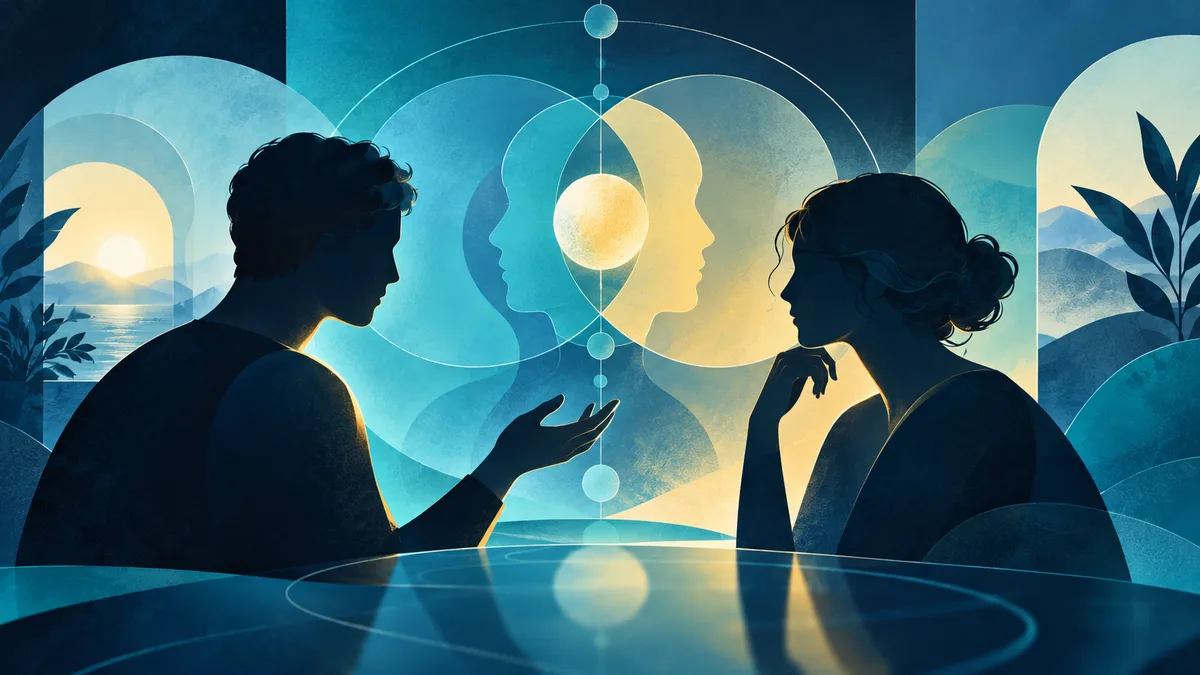 Two silhouetted people face each other across a reflective table, with overlapping profile shapes and circular forms behind them.
