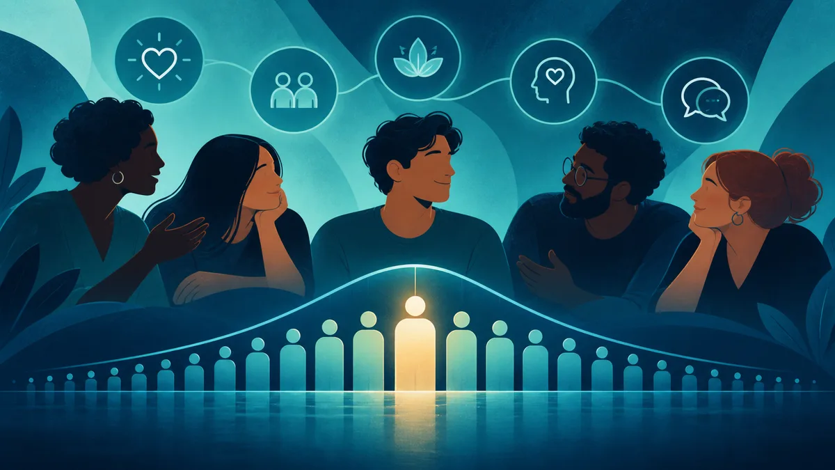 Five illustrated people sit together above a curved row of person-shaped figures, with heart, people, leaf, profile, and speech-bubble icons overhead.