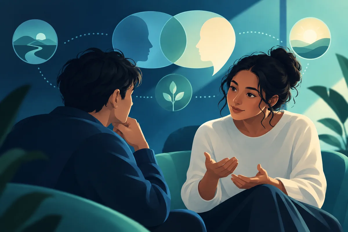 Two people sit facing each other in conversation, with overlapping profile shapes, speech symbols, leaves, and landscape icons in the background.