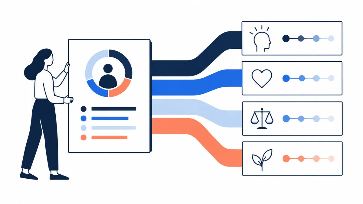 Flat illustration of a person holding a profile card connected to four panels with head, heart, balance-scale, and leaf icons and colored marker scales.