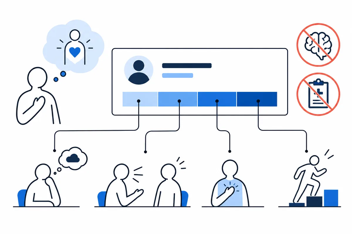 Line illustration of a profile scale connected to four seated or standing figures, with a heart thought bubble and crossed-out brain and clipboard symbols.