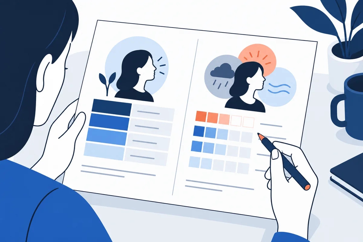 Close-up illustration of a person reviewing a two-page comparison report with profile drawings, colored grids, and a pen; a plant and cups sit nearby.