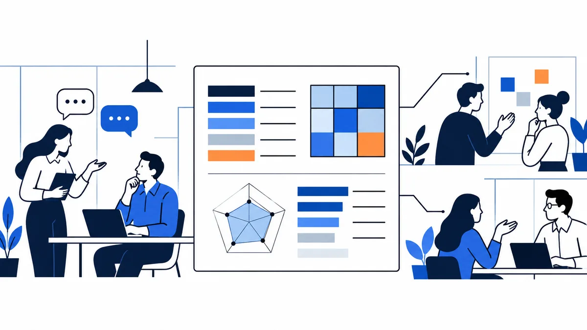 A report-style panel with colored bars, a blue-and-orange grid, and a polygon chart sits between small illustrations of people talking at desks.