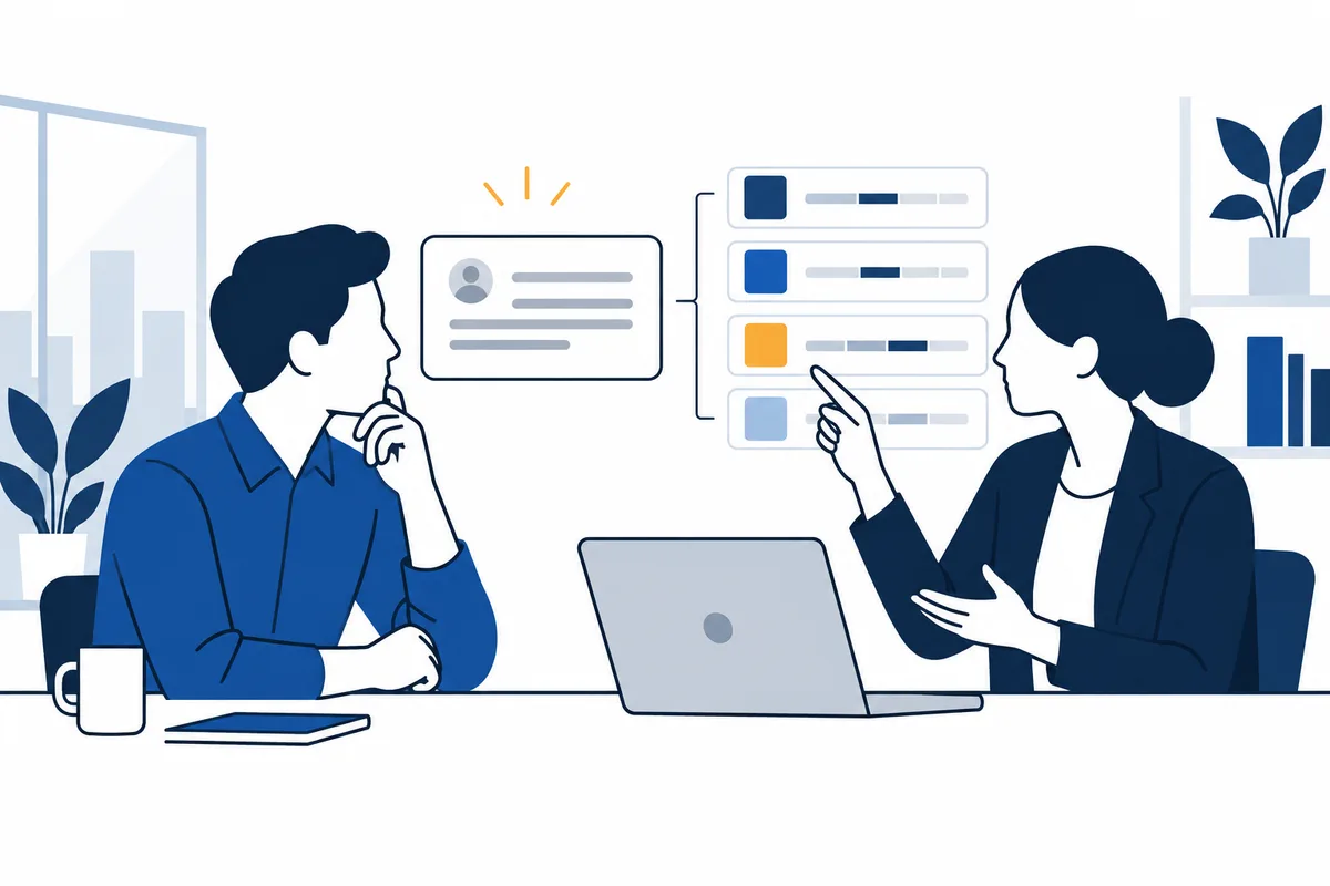 Two people sit across a table with a laptop between them. One points toward a panel of four rows with colored squares and bars; a profile card with lines appears beside it. Office windows, plants, and bookshelves fill the background.