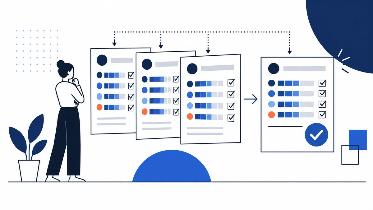 Flat illustration of a person beside a potted plant and a sequence of checklist-like forms with colored bars, arrows, dotted lines, and a checkmark.