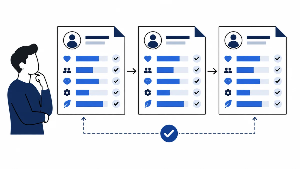 Flat illustration of a person looking at three repeated profile-style forms with colored bars, icons, checkmarks, arrows, and a circular checkmark below.