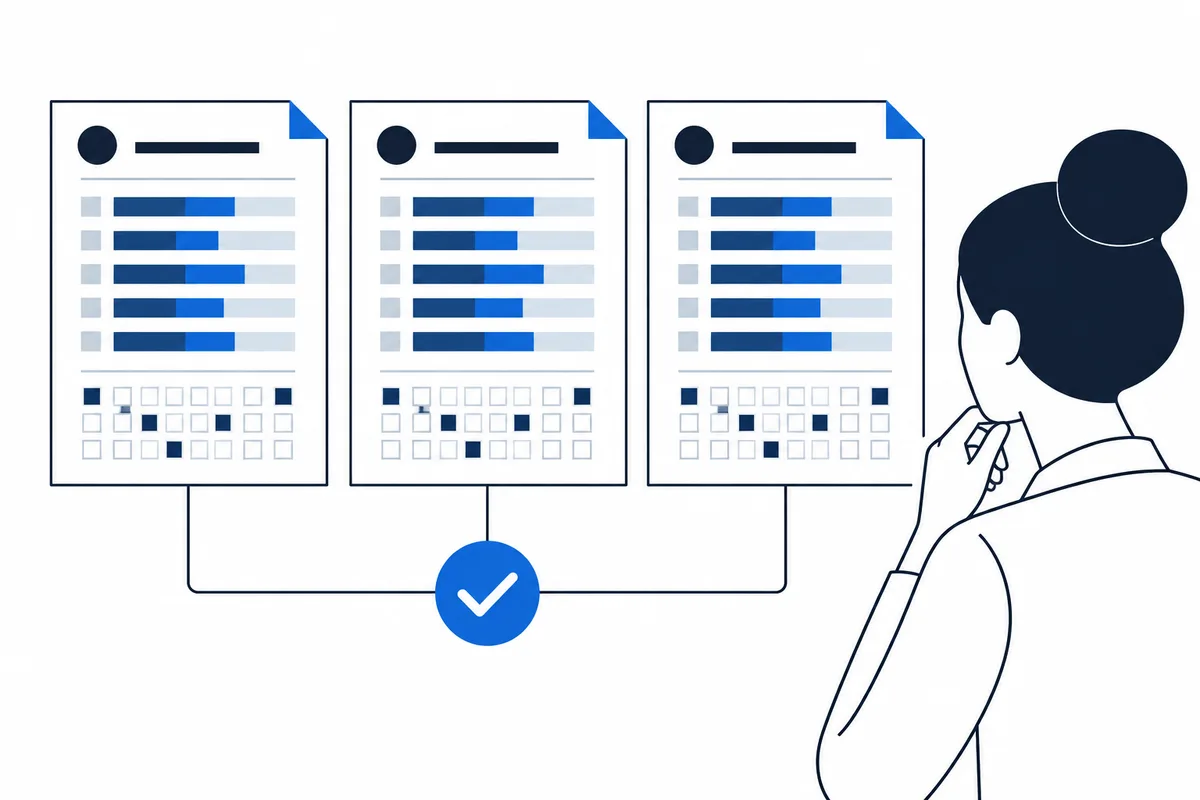Flat illustration of a person viewing three report-like forms with horizontal bars and small square grids, connected by lines to a blue checkmark.