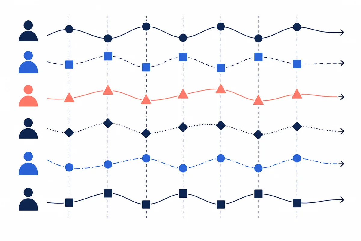 Six rows of colored person symbols beside wavy lines with different shapes, aligned to dashed vertical guides and ending in arrows.