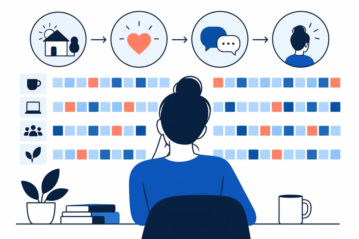 A seated figure faces rows of colored squares beside icons for a cup, laptop, group, and plant; above, circles show a house, heart, speech bubbles, and a person connected by arrows.