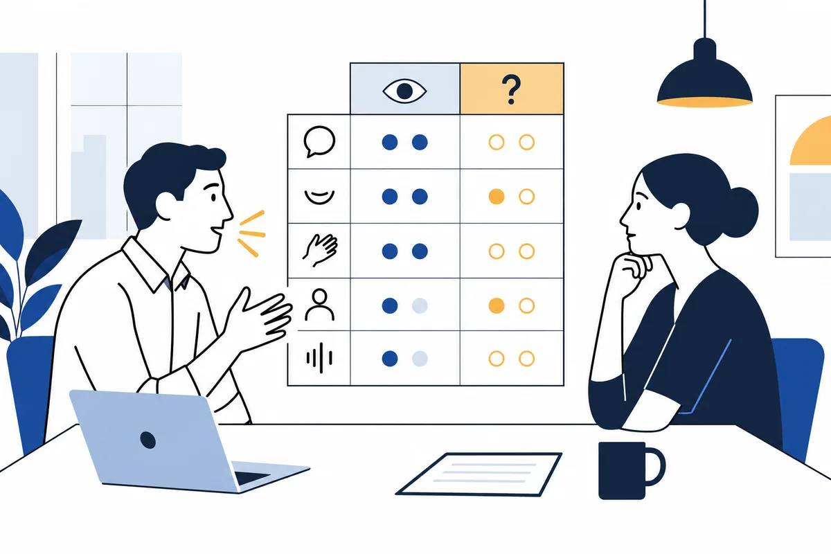 Flat illustration of two people talking across a desk, with a grid of eye, speech, smile, hand, person, and sound icons beside rows of blue and yellow dots.