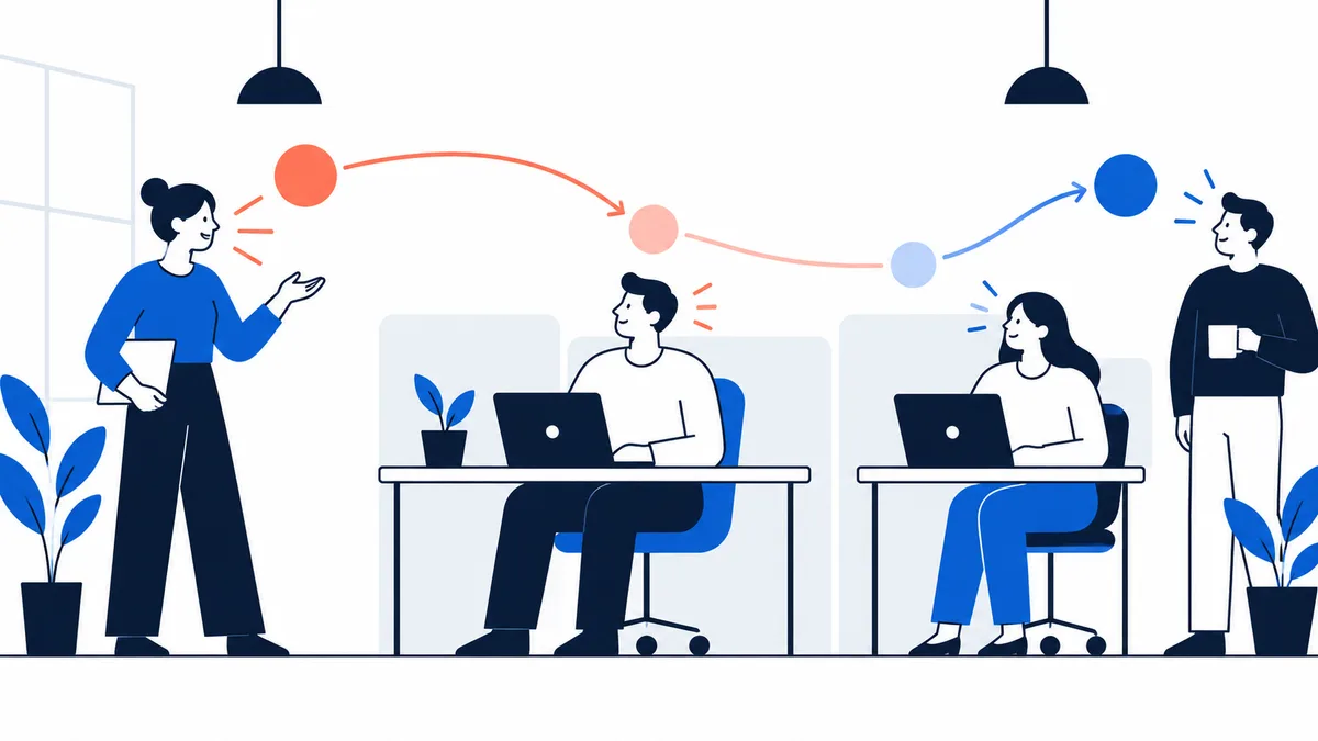 Illustration of coworkers at desks as colored circles and curved arrows pass from one person to another.