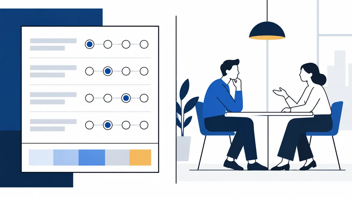A rating grid with selected circles and blue-to-yellow color bands sits beside two people talking across a table under a pendant lamp.