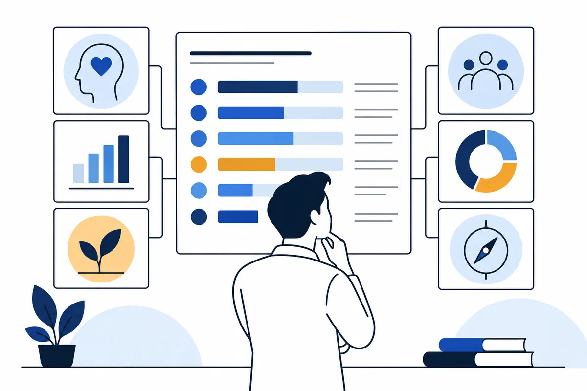 Line illustration of a seated person facing a panel of colored horizontal bars, connected to framed icons showing a heart inside a head outline, a bar chart, a plant, a group, a circular chart, and a compass.