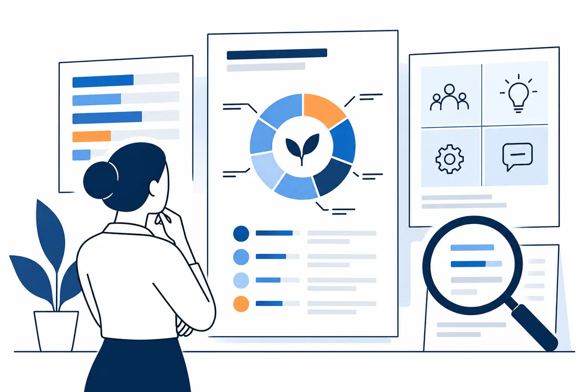 An illustrative, non-data editorial graphic: a person studies a segmented circle and unlabeled bars beside abstract workplace symbols; a magnifying glass rests over a document.