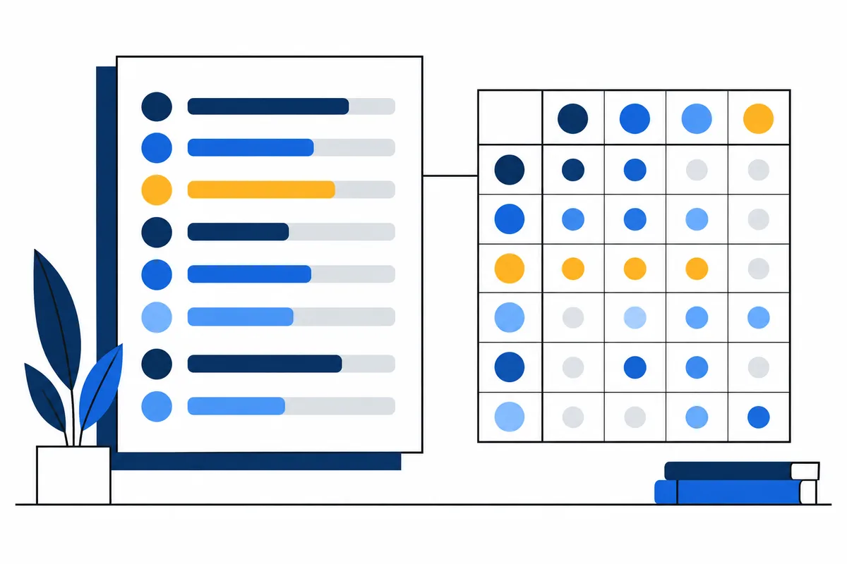 An illustrative, non-data editorial graphic of unlabeled colored bars and circles beside a potted plant and stacked books.