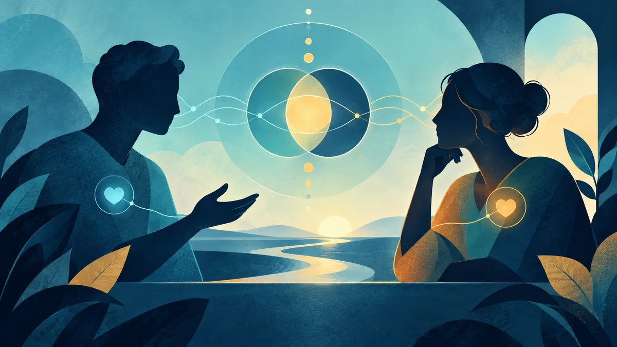 Stylized teal and navy scene with two silhouetted people facing each other, glowing heart symbols on their chests, and overlapping circular shapes connected by fine lines between them.