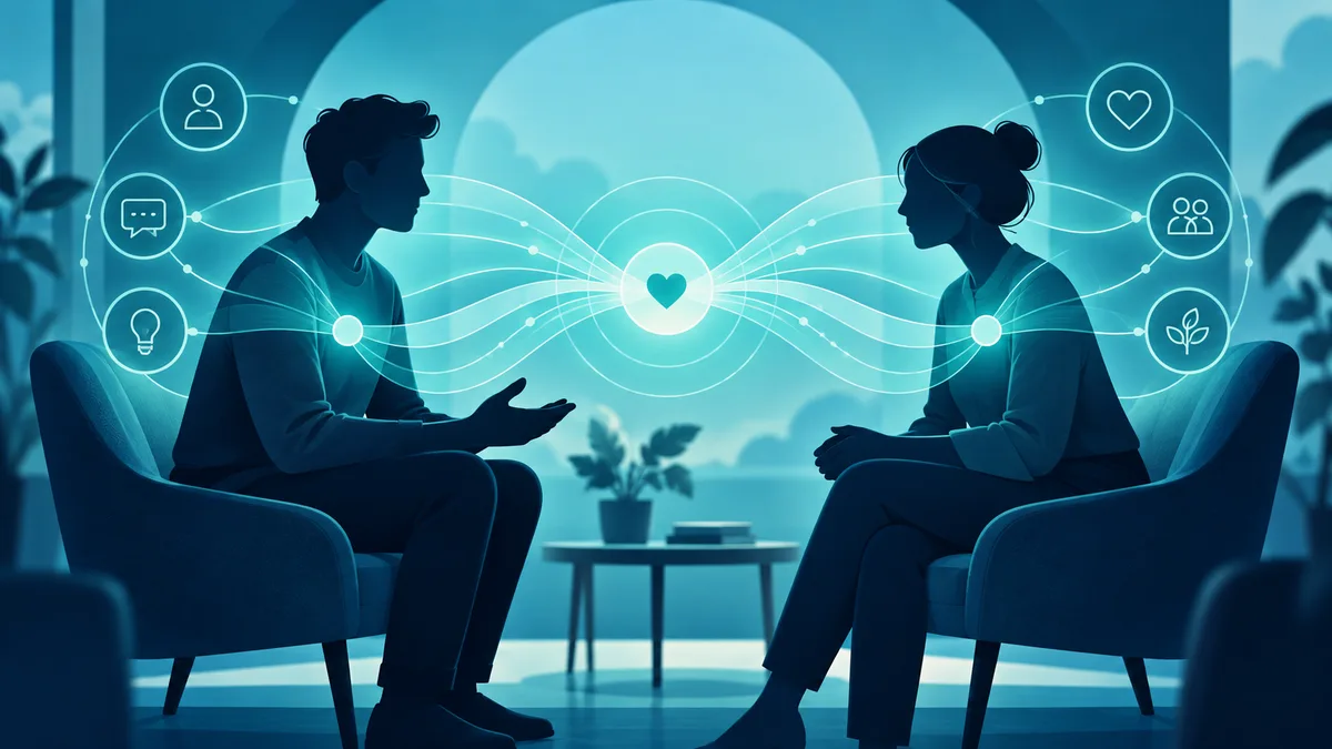 Two silhouetted people sit in armchairs facing each other across a small table with a plant, while glowing lines connect them to a central heart and circular icons.
