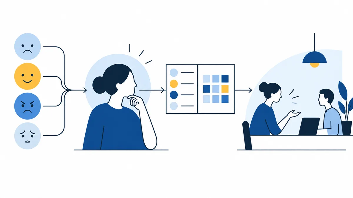 Four expressive face icons connect to a seated person considering a grid of colored squares, then to two people working together at a desk.