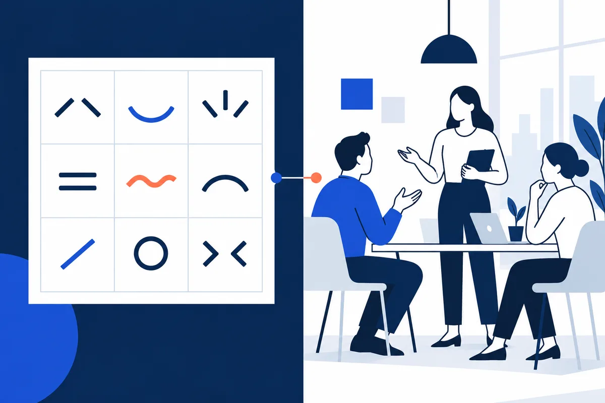 A grid of abstract face-like marks and curves sits beside four people talking around a conference table.