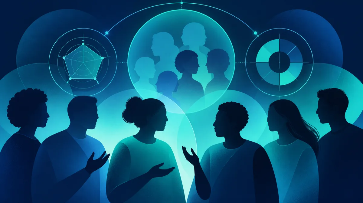 Six people appear in silhouette beneath a glowing circle of overlapping head-and-shoulder profiles, with circular diagrams above them.