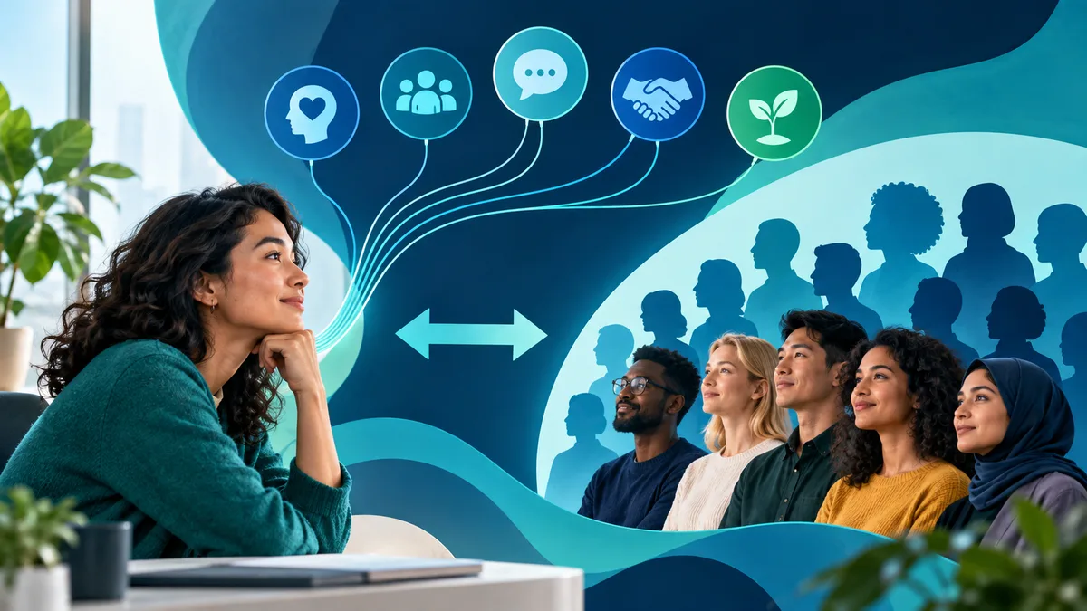 A seated person faces a diverse group, while lines connect them to circular icons showing a heart, people, a speech bubble, a handshake, and a leaf.