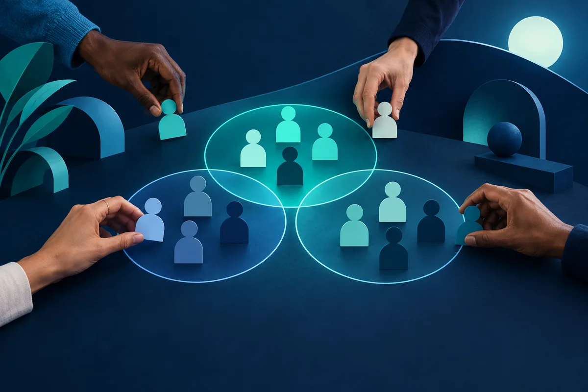 Hands place small person-shaped pieces into three overlapping glowing circles containing more person-shaped pieces.