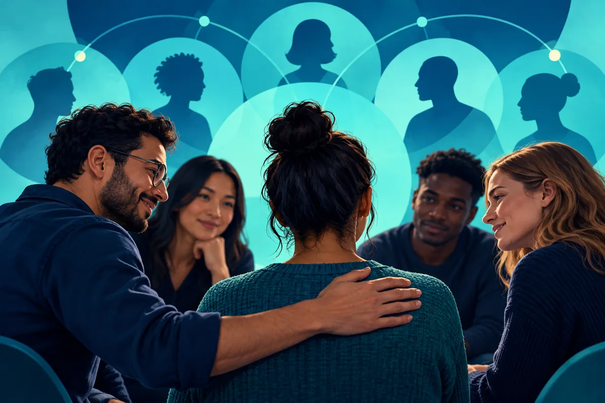 A group of people sits together, with one person seen from behind and abstract profile silhouettes in glowing circles behind them.