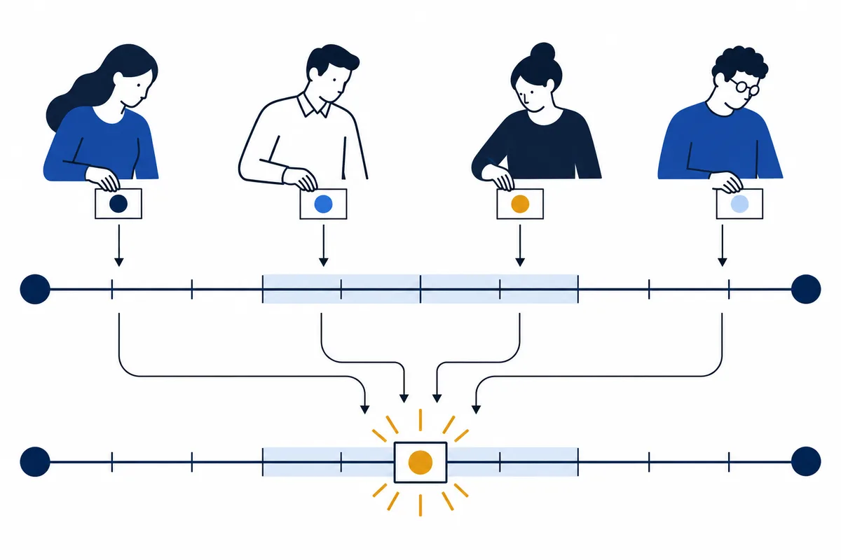Four illustrated figures hold cards with colored circles; arrows lead from their cards to a highlighted range and a lower scale with a central yellow marker.